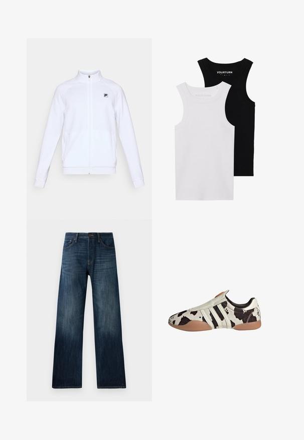 Vit långärmad zip-up jacka med hög krage och liten svart logotyp på vänster bröst, visad mot en neutral bakgrund.; Två figurnära linnen i svart och vitt. Tillverkade av ribbat bomull, de har breda axelband och rundad halsringning. Logotypen finns på kragen.; Mörkblå denimjeans med rak ben-design, med en lätt struktur, bälteshällor och en klassisk femfickstil.; Svarta och vita mönstrade läderskor med en texturerad yta, med tre vita horisontella ränder och en brun gummisula.
