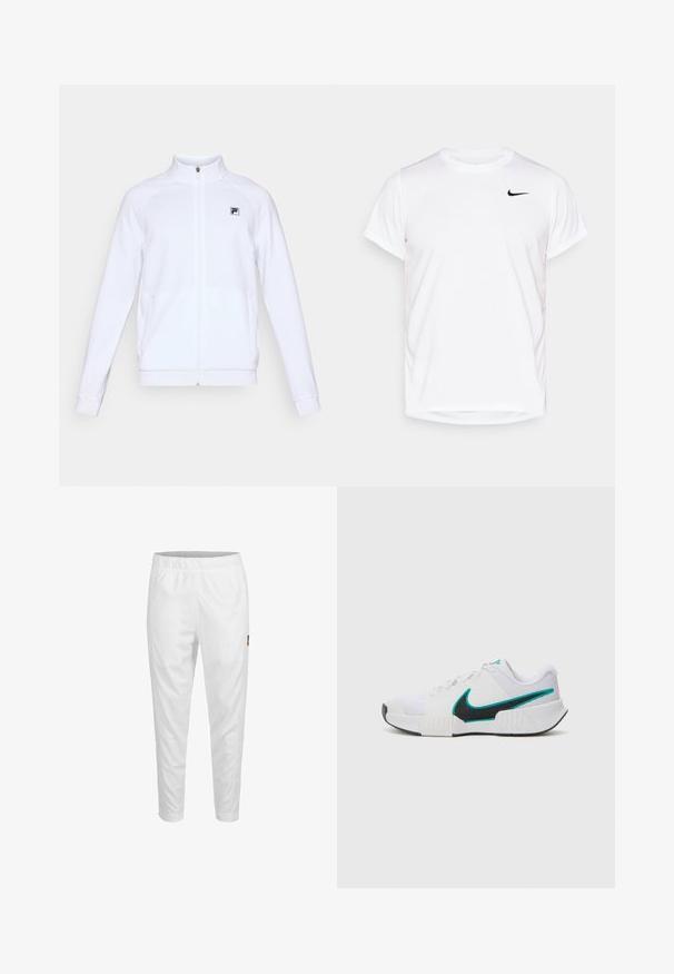 Valge pika varrukaga lukuga jope kõrge kraega ja väike must logo vasakul rinnal, esitatuna lihtsal taustal.; Valge lühikeste varrukatega Nike t-särk, mis on valmistatud siledast sünteetilisest materjalist, vasakul rinna poolel musta logoga.; Valged spordipüksid, millel on elastne vöökoht, kitsenevad sääred ja külgedel väike logo detail. Sile ja kerge kangas.; Valge sportlik toss, millel on tekstureeritud võrkmaterjalist ülaosa, must kummist tald ja türkiissinine Nike'i logo aktsent. Eriomadusteks on paelad ja polsterdatud krae.