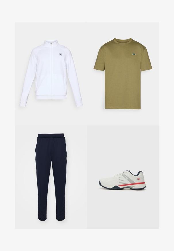 Valkoinen pitkähihaisena vetoketjullinen takki, jossa on korkea kaulus ja pieni musta logo vasemmassa rinnassa, esiteltynä yksinkertaisella taustalla.; Oliivivihreä puuvillapaita lyhyillä hihoilla, ribattu pyöreä kaula-aukko ja brodeerattu krokotiililogo valkoisena ja vihreänä vasemmalla rinnalla.; Navy urheiluhousut, joissa on joustava vyötärö, sivutaskut ja vetoketjulliset lahkeet. Valmistettu sileästä, venyvästä kankaasta.; Valkoinen urheilujalkine, jossa on harmaita ja punaisia yksityiskohtia, teksturoitu verkkopäällinen, joustava pohja ja erottuva sivupaneelin muotoilu. Varustettu nauhalukolla.