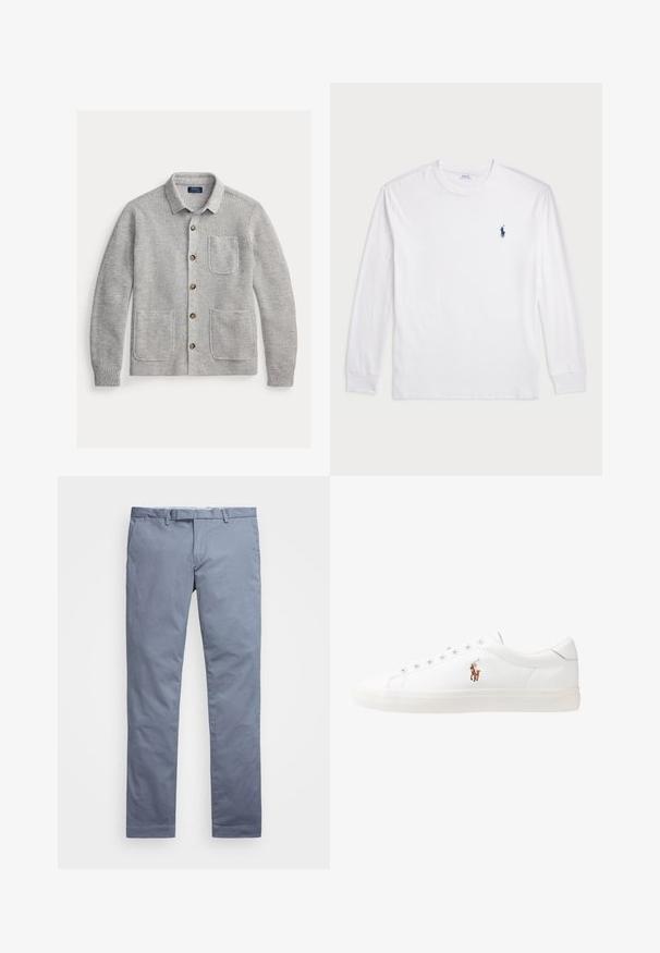 Ανοιχτό γκρι πλεκτή ζακέτα με γιακά, έξι καφέ κουμπιά και τρεις τσέπες μπροστά, απλωμένη σε λευκό φόντο.; Λευκό μπλουζάκι μακρυμάνικο από βαμβάκι. Διαθέτει στρογγυλή λαιμόκοψη, ριμπ μανσέτες και μικρό λογότυπο στη ναυτική μπλε απόχρωση στην αριστερή πλευρά του στήθους.; Ανοιχτό μπλέ βαμβακερές chinos με εφαρμογή slim, ίσιες γραμμές, θηλιές για ζώνη και κλείσιμο με φερμουάρ. Διαθέτει διακριτές ραφές και χωρίς ορατά μοτίβα.; Λευκά δερμάτινα sneakers, χαμηλού σχεδιασμού, με απαλή υφή, στρογγυλή μύτη, δέσιμο μπροστά και μικρό κεντημένο λογότυπο στο πλάι.