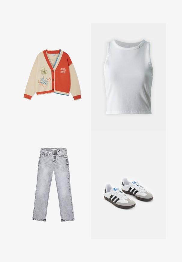 Never Fully Dressed SOL DE PALMA CALLE CARDIGAN - Vesta na kopčanje - red; Bjela rebrasta majica bez rukava s okruglim izrezom i ravnim rubom, koja ima glatku i rastezljivu teksturu.; Sive traperice s ravnim nogavicama, s detaljima trošenja, pet džepova i bakrenim zakovicama. Pojas ima oznaku s logom.; Sportske cipele s gornjištem od bijele kože, sivi suedinasti nos i tri crne pruge. Imaju plavi logo na jeziku i teksturiranu gumenu podlogu.