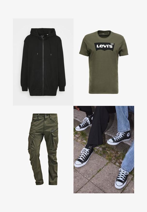 Corta-vento preto com fecho zip feito de tecido macio. Apresenta um fecho frontal, capuz ajustável com cordão e dois bolsos frontais. Corte solto.; T-shirt de algodão verde oliva com um grande logo preto da Levi's na frente. Gola redonda clássica e mangas curtas, textura suave.; Calças cargo de verde oliva feitas de algodão resistente. Apresenta múltiplos bolsos, um bolso lateral com fecho de correr e pernas afuniladas com um acabamento ligeiramente texturizado.; Sneakers de lona pretos de cano alto com solas e atacadores brancos, apresentando um logótipo circular de lado e combinados com calças de ganga e calças pretas.