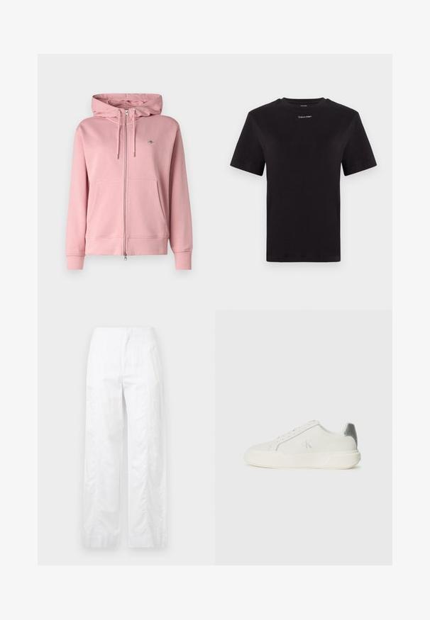 GANT SHIELD ZIP - Športna jopa s kapuco na zadrgo - dusty pink; Črna bombažna majica s kratkimi rokavi, okroglim izrezom in majhnim belim logotipom "Calvin Klein" na prsih. Gladka tekstura, klasičen kroj.; Bela široka hlače iz lahkega materiala, ki se ponašajo z gladko teksturo, čistimi linijami in visokim pasom.; Belej športni čevelj iz usnja z gladko teksturo, ki ima srebrno akcentacijo na peti, ravno podplato in minimalističen dizajn.