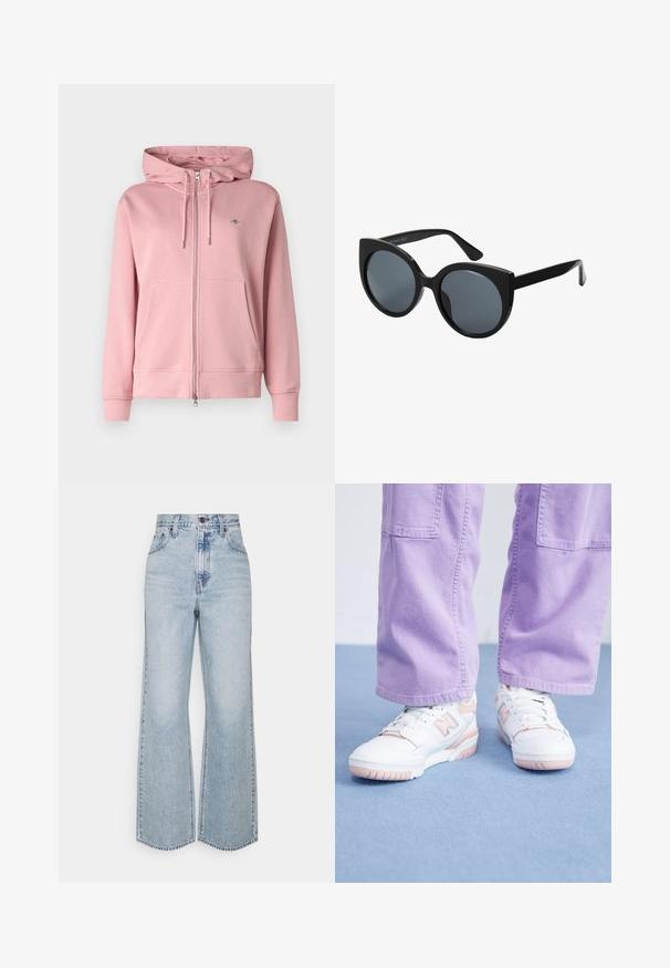 GANT SHIELD ZIP - Felpa con zip - dusty pink; T-shirt bianca in cotone con collo rotondo classico, maniche corte e forma aderente. Nessun motivo o dettaglio visibile.; Jeans a gamba larga in denim azzurro chiaro con vita alta, design classico a cinque tasche e cuciture a contrasto. Dettaglio con orlo grezzo sul fondo.; Sneakers bianchi con accenti rosa, upper in pelle texturizzata e suola in gomma, abbinati a pantaloni larghi viola chiaro su una superficie blu.; Occhiali da sole oversize neri con forma a occhio di gatto, lenti scure e montatura in plastica lucida. Presentano aste spesse per maggiore supporto.