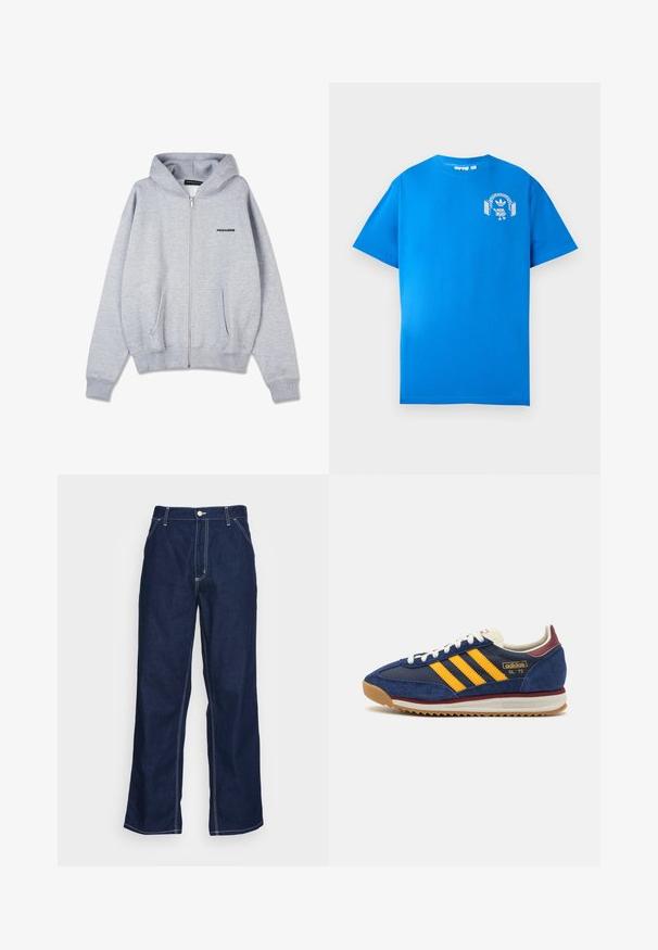 Siva zip-up dukserica izrađena od mekanog, petljastog materijala. Sadrži kenguruhu džep i rebraste manžete. Sprijeda se nalazi mali crni logo na lijevoj strani grudi.; Plava pamučna majica s kratkim rukavima. Sadrži bijeli grafički dizajn sprijeda, koji prikazuje lik s slušalicama i lukom.; Tamno plave traperice širokih nogavica s visokim strukom, prednjim džepovima i kontrastnim bijelim šavovima.; Mornarične nubuk tenisice sa žutim trakama, bijelim čipkama i burgundskim detaljima. Teksturisani đon s utorima za prianjanje. Logo brenda sa strane.