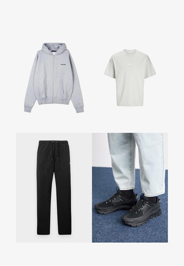 Pilkos spalvos zip-up džemperis, pagamintas iš švelnaus, kilpinio audinio. Turi kengūrų kišenę ir sutraukiančius rankogalius. Priekyje, kairėje krūtinės pusėje, yra mažas juodas logotipas.; Šviesiai pilkas trumpas rankovėmis marškinėliai, pagaminti iš minkštos medžiagos. Yra apvalios kaklo iškirptės ir mažas tekstas "ESS.WRD." spausdintas priekyje.; Juodos vilnonės kelnės su elastiniu juosmeniu ir raišteliais, dviem priekinėmis kišenėmis ir maža slogo ant šlaunies.; Juodi sportiniai bateliai su tekstūruota medžiaga ir guminiais padais, su elastingomis raišteliais ir mėlynu akcentu ant kulno. Dėvimi su šviesiai mėlynomis džinsinėmis kelnėmis.