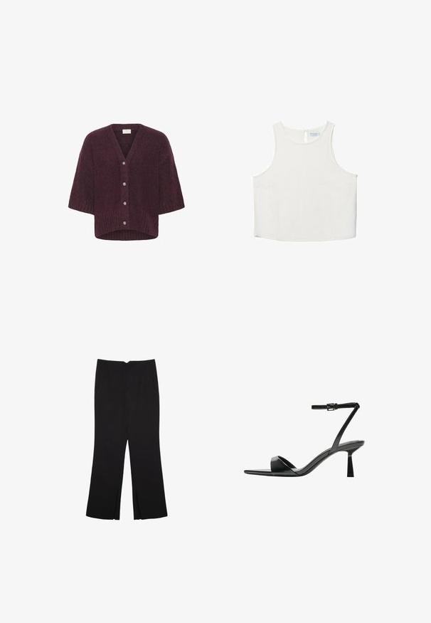 Kaffe LABIS - Kardigán - windsor wine melange; Biele bezrukávové tričko s okrúhlym výstrihom, ktoré má jemnú textúru, detail s kľúčovou dierkou na chrbte a rovný lem.; Čierne nohavice so strihom rovného strihu, s prednými vreckami a bočnými rozparkami na leme. Vyrobené z mäkkej, hladkej tkaniny. Vhodné na rôzne príležitosti.; Bershka Sandále na vysokom opätku - black