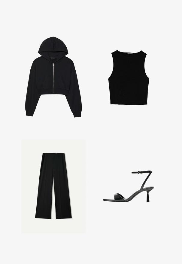 Černá zkrácená mikina s kapucí a zipem vpředu, velká kapuce a přední kapsa. Vyrobena z měkkého texturovaného materiálu s žebrovanými manžetami. Jednoduchý design.; Černý bezsleeve crop top vyrobený z hladké tkaniny, s kulatým výstřihem a čistým, jednoduchým designem bez vzorů nebo kovových doplňků.; Bershka WIDE - Kalhoty - black; Bershka Sandály na vysokém podpatku - black