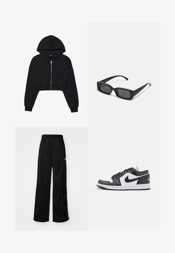 Čierna skrátená mikina s kapucňou, so zipsom vpredu, veľkou kapucňou a prednou vreckom. Vyrobená z jemnej textúrovanej látky s rebrovanými manžetami. Jednoduchý dizajn.; Biele cropped tričko s dlhým rukávom, vyrobené z jemnej látky, má okrúhly výstrih a voľný strih s manžetovými rukávmi. Jednoduchý a čistý dizajn.; Čierne široké teplákové nohavice s elastickým pásom, s bielymi bočnými pruhmi a malým logom na ľavom boku. Hladký textil.; Čierno-biele nízke tenisky Nike majú hladký kožený zvršok, okrúlu špičku, šnurovacie zapínanie a vzorovanú gumovú podrážku.; Čierne obdĺžnikové slnečné okuliare s tmavými šošovkami, lesklým povrchom, širokými ramenami a robustným rámovým dizajnom. Vygravírované meno značky na jednom ramene.