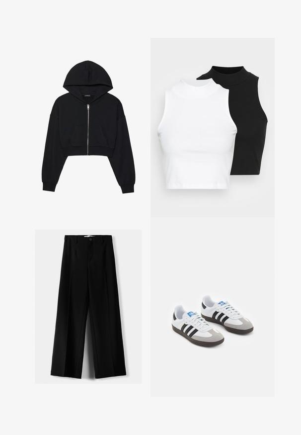 Črna skrajšana kapuca z zadrgo spredaj, velika kapuca in sprednji žep. Narejena iz mehkega, teksturiranega blaga z rebrastimi manšetami. Preprost dizajn.; Dva brezrokavniki z rebrasto turtleneck gorami v črni in beli barvi, z oblikovanim dizajnom in gladko teksturo, v skrajšani dolžini.; Črne široke hlače iz lahkega materiala, z zapiranjem na gumb spredaj in ravnim sprednjim delom, s skrbno zašiti robovi.; Športni čevlji z belim usnjenim zgornjim delom, sivim semišem na prstih in tremi črnimi črtami. Imajo modro logo na jeziku in teksturiran gumijast podplat.