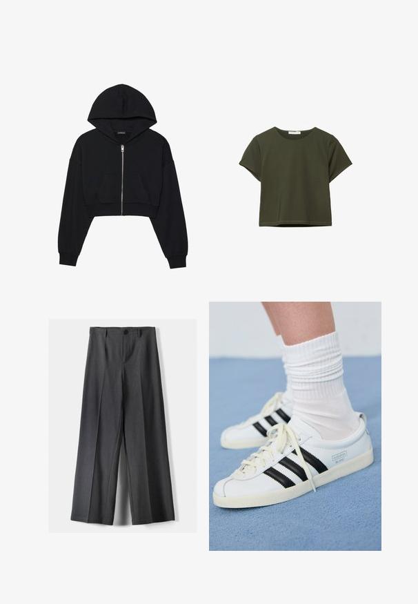 Čierna skrátená mikina s kapucňou, so zipsom vpredu, veľkou kapucňou a prednou vreckom. Vyrobená z jemnej textúrovanej látky s rebrovanými manžetami. Jednoduchý dizajn.; Olivovo zelené krátke tričko s krátkymi rukávmi a okrúhlym výstrihom, vystavené na bielom pozadí.; Široké nohavice z tmavosivej látky, ktoré majú gombíkový uzáver, predné skladanie a pútka na opasok. Hladká textúra s elegnatným strihom.; Biele kožené tenisky s čiernymi pruhmi, krémovou podrážkou a svetlými šnúrkami. Nosené s bielymi rebrovanými ponožkami, umiestnené na modrom pozadí.