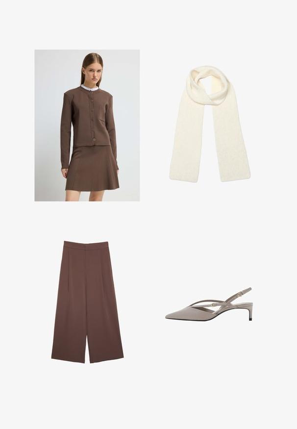 Bruine tweedelige outfit met een cropped button-up jas met een zak en een uitlopende rok. Gemaakt van een gladde, gestructureerde stof.; Korte mouwen T-shirt in bruin, gemaakt van een zachte stof, met een ronde halslijn en een relaxte pasvorm. Geen zichtbare patronen of accenten.; Bruine wijde broek met een gladde textuur, voorzien van een hoge taille en plooien aan de voorkant. De stof is lichtgewicht en valt losjes.; Beige slingback hakken met een spitse neus, dunne kruislings gespen en een korte stiletto hak. Zachte stof met accenten van goudkleurig beslag.; Zachte, gebreide crèmekleurige sjaal, losjes gevouwen aan de bovenkant met beide uiteinden recht naar beneden hangend.