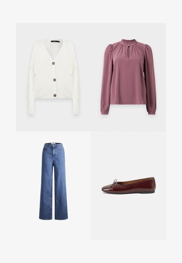 Witte gebreide cardigan met lange mouwen, v-hals en vijf bruine knopen aan de voorkant; heeft ribgebreide manchetten en zoom. Gelaagd stof.; Mauve blouse met lange mouwen, geplooide kraag, keyhole halslijn met knoopsluiting en licht opgeblazen schouders.; Lichtblauwe denim wijde jeans met een hoge taille, twee voorzakken en zichtbare stiksels. Voorzien van een knoop- en ritssluiting.; Bordeaux gepatenteerd lederen ballerina met een ronde neus, een klein strikaccent aan de voorkant en een lage, zwarte rubberen zool. Glad textuur.