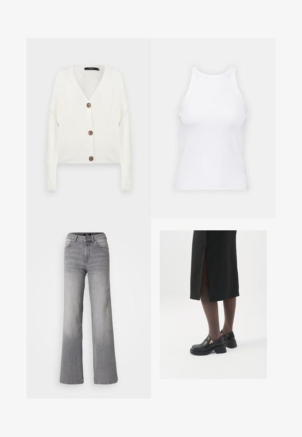 Witte gebreide cardigan met lange mouwen, v-hals en vijf bruine knopen aan de voorkant; heeft ribgebreide manchetten en zoom. Gelaagd stof.; Witte mouwloze tanktop van ribstof, met een ronde halslijn en een aansluitende pasvorm, met minimale naden en zonder versieringen.; Grijs denim jeans met hoge taille en rechte pijpen, voorzien van een knoop en ritssluiting aan de voorkant, voor- en achterzakken, en een vervaagde schaduw op de dijen en kuiten.; Zwarte leren schoenen met een ronde neus, dikke blokhak en elastische zijkanten, gecombineerd met donkere panty's en een zwarte rok met een split.