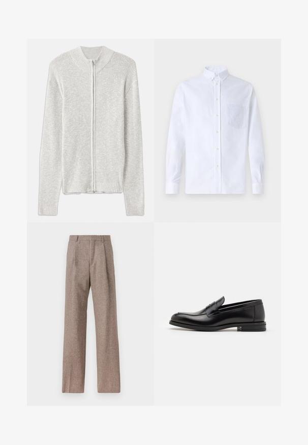 Svijetlosiva pletena kardigan jakna s patentnim zatvaračem sprijeda, rebrastim ovratnikom i manžetama, s jednostavnim, teksturiranim dizajnom bez dodatnih uzoraka.; Bijela košulja s dugim rukavima na dugme, izrađena od pamuka, s džepom na prsima s ton-sur-ton vezom, ovratnikom i dugmadi na manžetama.; Smeđe, hlače viskog struka od teksturiranog materijala. Imaju široke nogavice i dva prednja pregiba za strukturu. Uređen završetak bez vidljivih metalnih dijelova.; Crni kožni mokasini s glatkom teksturom, zaobljenim prstima i ukrasnom trakom preko prednjeg dijela. Niski slojeviti potplat, minimalistički dizajn.