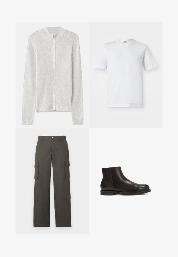 Svetlo siva pletena jopica z zadrgo na sprednji strani, rebrastim ovratnikom in manšetami, ki ima preprost, strukturiran dizajn brez dodatnih vzorcev.; Bela bombažna majica s kratkimi rokavi, okroglim izrezom in gladko teksturo. Ni vidnih vzorcev ali dodatkov.; Temno sivi naravnost krojeni cargo hlače z gumbom in štirimi žepki s poklopcem, dvema na stegnih in dvema ob mečih.; Črne usnjene gležnjarje z gladko teksturo, zaobljenim nosom in nizko peto. Imajo stranski zadrgo za enostavno obuvanje.