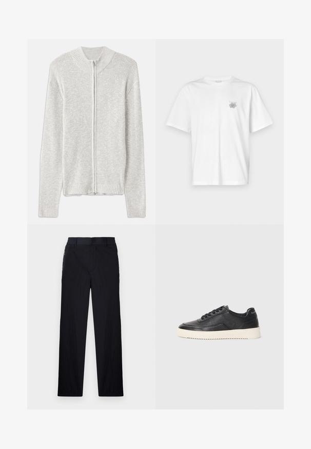 Šviesiai pilka megzta kardiganas su užtrauktuku priekyje, su banguotu apykakle ir rankogaliais, turintis paprastą, tekstūruotą dizainą be papildomų raštų.; Balta medvilninė marškinėlių, su trumpomis rankovėmis, apykaklė nei per aukšta, nei per žema, ir mažas pilkas logotipas kairėje krūtinės pusėje. Lygi tekstūra.; Juodos kelnės, pagamintos iš lengvos tekstūruotos medžiagos, tiesaus silueto, su elastingu juosmeniu ir šoniniais užtrauktukų kišenėmis.; Juoda odinė sportinė avalynė su tekstūruotu paviršiumi, apvaliu nosiu ir plokščiu baltu guminiu padu. Yra juodi raišteliai ir ženklinimas ant kulno.