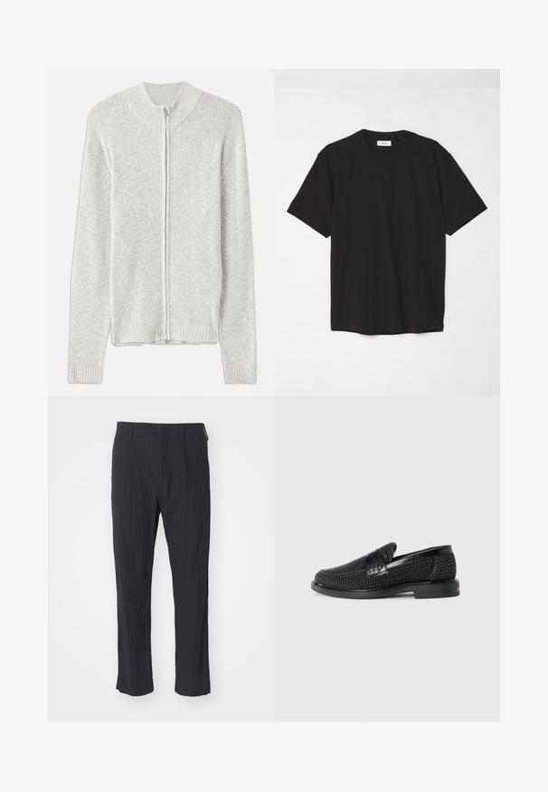 Světlé šedé pletené kardigán se zipem vpředu, vroubkovaným límcem a manžetami, s jednoduchým, texturovaným designem bez dalších vzorů.; Černé bavlněné tričko s kulatým výstřihem, krátkými rukávy a volným střihem. Jednoduchý design, hladká textura a žádné viditelné vzory či loga.; Černé plisé kalhoty s texturovanou tkaninou, s rovně střiženými nohavicemi a standardním pasem. Žádné viditelné kapsy nebo kovové prvky.; Černé pletené nazouvací boty s hladkým koženým akcentem na svršku, kulatou špičkou a nízkoprofilovou gumovou podrážkou.