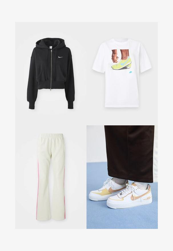Juoda apkirpta gobtuvė, pagaminta iš medvilnės mišinio, su priekyje užtrauktuku, dviem kišenėmis, raišteliu ant gobtuvo ir balta Nike logo krūtinėje.; Balta medvilninė marškinėlis su grafika, vaizduojančia kojas geltonose Nike sportinėse batuose su mėlynomis detalėmis, derinama su apyranke ant kairiojo riešo.; Šviesiai smėlio spalvos kelnės su elastinga juosmens juosta, turinčios rožinius šoninius panelius ir šonines kišenes. Lygi tekstūra su tiesiomis kojomis.; Balti odiniai sportbačiai su auksiniais akcentais, turintys perforuotą pirštą, plokščias raištelius ir storą gumos padą su "AIR" logotipu šone.