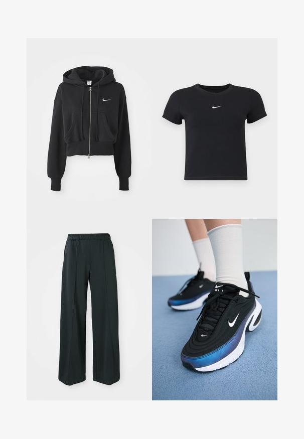 Zkrácená černá mikina z bavlněné směsi, s předním zipem, dvěma kapsami, kapucí na šňůrku a bílým logem Nike na hrudi.; Černé tričko s krátkým rukávem vyrobené z bavlny s kulatým výstřihem. Na hrudi se nachází bílé logo Nike, minimalistický design a přiléhavý střih.; Černé sportovní kalhoty s širokým střihem a elastickým pasem. Vyrobené z hladkého, pružného materiálu, s jemnými předními švy a bez kapes.; Černé tenisky Nike s hladkým textilním svrškem, s přechodem barev od modré k černé, bílou podešví a výraznými akcenty loga.