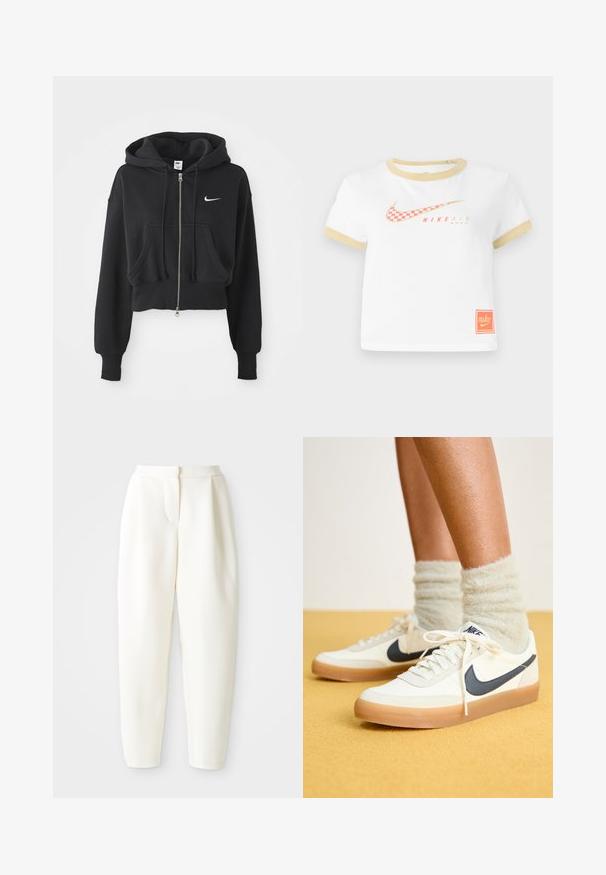 Moletom preto cortado feito de uma mistura de algodão, com fecho à frente, dois bolsos, capuz com cordão e um logo da Nike em branco no peito.; Camiseta branca com detalhes em dourado, apresentando um logótipo Nike swoosh em padrão xadrez vermelho, texto "NIKE AIR" e uma pequena etiqueta laranja da Nike na bainha.; Calças brancas de cintura alta e corte tapered com fecho frontal oculto e bolsos laterais, exibidas contra um fundo branco liso.; Sapatilhas Nike brancas com swoosh azul marinho, tecido texturizado, atacadores brancos e sola em borracha, acompanhadas de meias felpudas verdes-claro. Fundo amarelo.