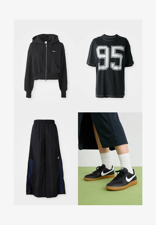 Skračená čierna mikina z bavlneného zmesi, s predným zipsom, dvoma vreckami, kapucňou so šnúrkou a bielym logom Nike na hrudi.; Čierne bavlnené tričko s krátkymi rukávmi, na prednej strane s bielou potlačou čísla "95" a kontrastným prešitím pozdĺž okrajov.; Čierne voľné nohavice vyrobené z ľahkého materiálu, s námorníckym modrým postranným panelom a elastickým pásom. Malé biele logo na spodnej časti.; Čierne kožené a syntetické tenisky so bielym logom Nike, gumenou podrážkou, okrúhlou špičkou a čiernymi šnúrkami. Viditeľné biele pruhované ponožky.