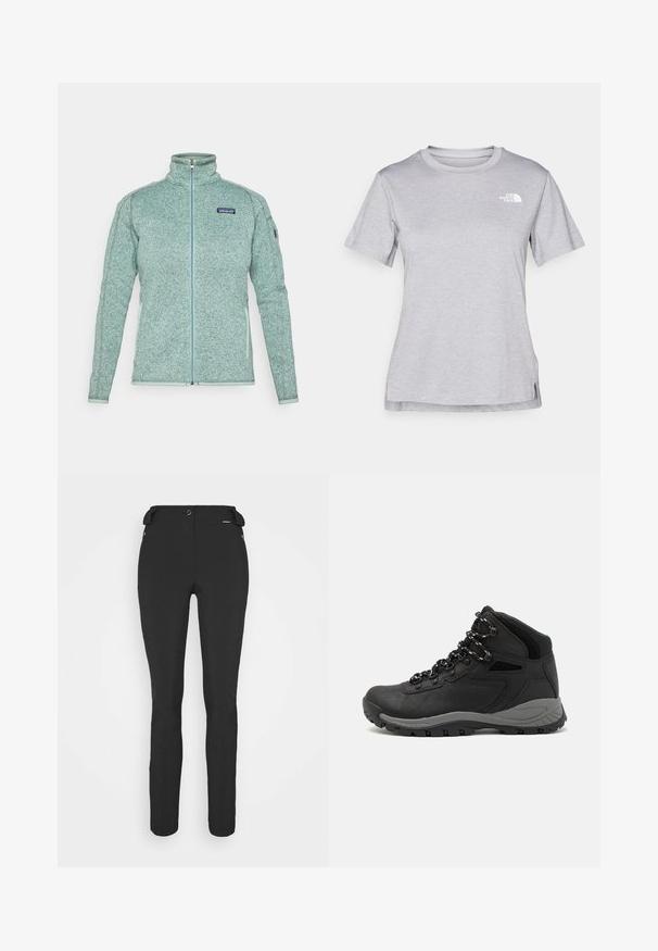 Világoskék, teljes cipzáras Patagonia fleece dzseki magas gallérral, hosszú ujjal és cipzáras oldalzsebekkel.; Szürke, rövid ujjú póló, puha, nedvességet elvezető anyagból készült. Kerek nyakú, és egy kis fehér logó található a bal felső részen.; Fekete, testhezálló nadrág rugalmas anyagból. Jellemzők: cipzáras oldalzseb, artikulált térdek és sima felület.; Fekete túracipő közepes magasságú kialakítással, texturált felsőrésszel, szürke részletekkel és strapabíró gumitalppal, amelynek tapadós kiemelkedései vannak.