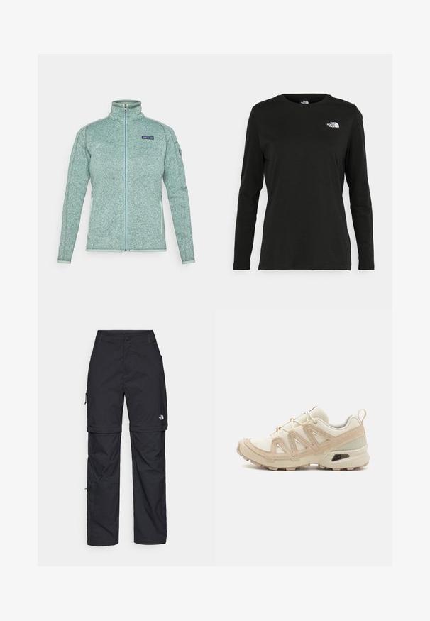 Lyseblå full-zip Patagonia fleecejakke med høy krage, lange ermer og glidelåslommer på sidene.; Svart langermet T-skjorte laget av bomull med rund hals. Har en liten hvit logo på venstre brystområde. Enkelt design og passform.; Svarte nylon cargo-bukser med glidelås og justerbare mansjetter, flere lommer og en logo på høyre bein. Glatt, lett tekstur.; Beige og krem joggesko med teksturert mesh-overdel, støttende overlegg og gummisåle med et mønster for godt grep.