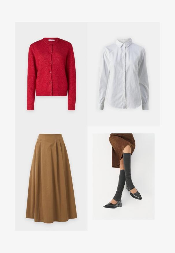Rød cardigan med rund hals, lange ermer og knappelukking. Laget av mykt materiale med en lett teksturert overflate.; Hvit skjorte med knapper laget av glatt bomull, med klassisk krage, lange ermer og buet skjær. Knapper er små og hvite.; Brun bomull A-linje skjørt med høy midje, med folder foran og en jevn tekstur. Kantene er rene og enkle.; Sorte lakkpumps med spiss tå, blokkhel, og ankelstropp, kombinert med grå ribbestrikkede beinvarmere og et brunt semsket skinn skjørt.