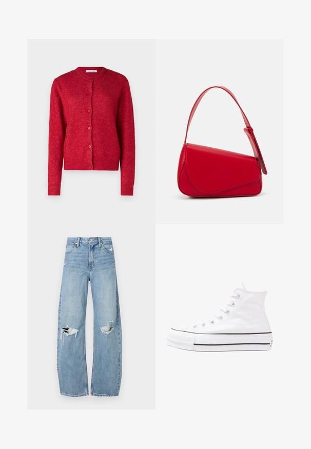 Cárdigan rojo con cuello redondo, mangas largas y cierre de botones. Hecho de un material suave con un acabado ligeramente texturizado.; Camiseta negra de gran tamaño con un gráfico de un oso y el texto "NO LINDO SINO SALVAJE" en letras blancas y en negrita. Material de algodón.; Vaqueros de mezclilla de tiro alto en azul claro. Tienen piernas anchas, dos áreas desgastadas en las rodillas y un estilo clásico de cinco bolsillos.; Zapatilla de lona alta blanca con suela de goma negra, puntera de goma frontal y seis ojetes para los cordones, que presenta un diseño limpio y minimalista.; Bolso de cuero rojo con un diseño angular y geométrico. Cuenta con una única correa ajustable y un cierre de solapa con detalles de costura.