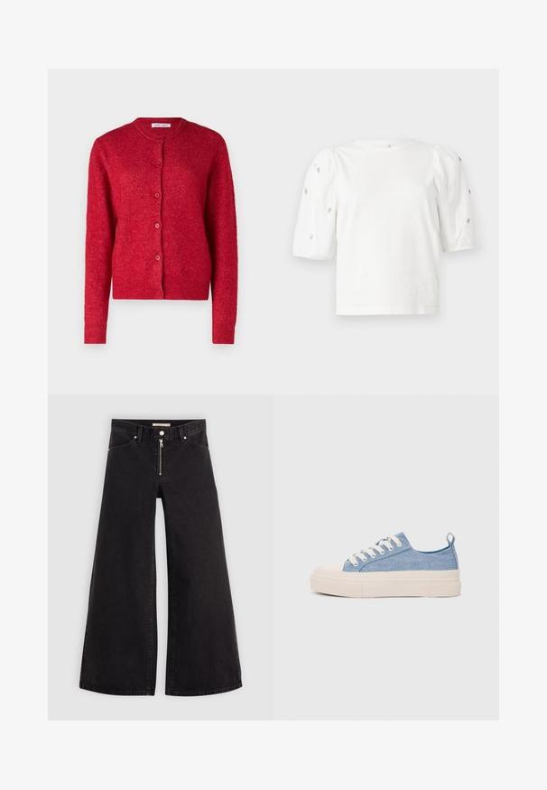Cárdigan rojo con cuello redondo, mangas largas y cierre de botones. Hecho de un material suave con un acabado ligeramente texturizado.; Camiseta de algodón blanca con mangas cortas tipo globo, que presenta pequeños adornos plateados en las mangas. Cuello redondo clásico, corte holgado.; Jeans de pierna ancha en denim negro con cierre frontal, diseño de cinco bolsillos y detalles de costura sutiles. Textura suave y estilo casual.; Zapatillas de lona azul claro con una puntera y suela de goma crema, que cuentan con cordones blancos y una lengüeta en el talón.