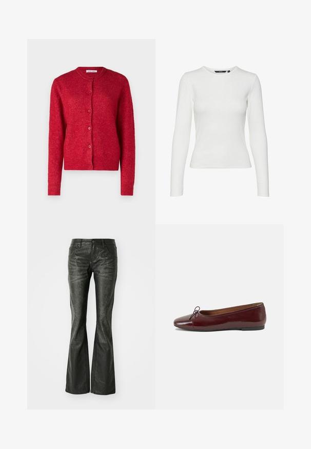Red cardigan with a round neckline, long sleeves, and button closure. Made from soft material with a slightly textured finish.; White long-sleeve shirt made of ribbed fabric, featuring a round neckline and fitted design. No patterns or accents visible.; Black faux leather flared jeans with front pockets, a metal button closure, and a slightly textured surface. Straight leg with a long cut.; Burgundy patent leather ballet flat with a rounded toe, small bow accent at the front, and a low, black rubber sole. Smooth texture.
