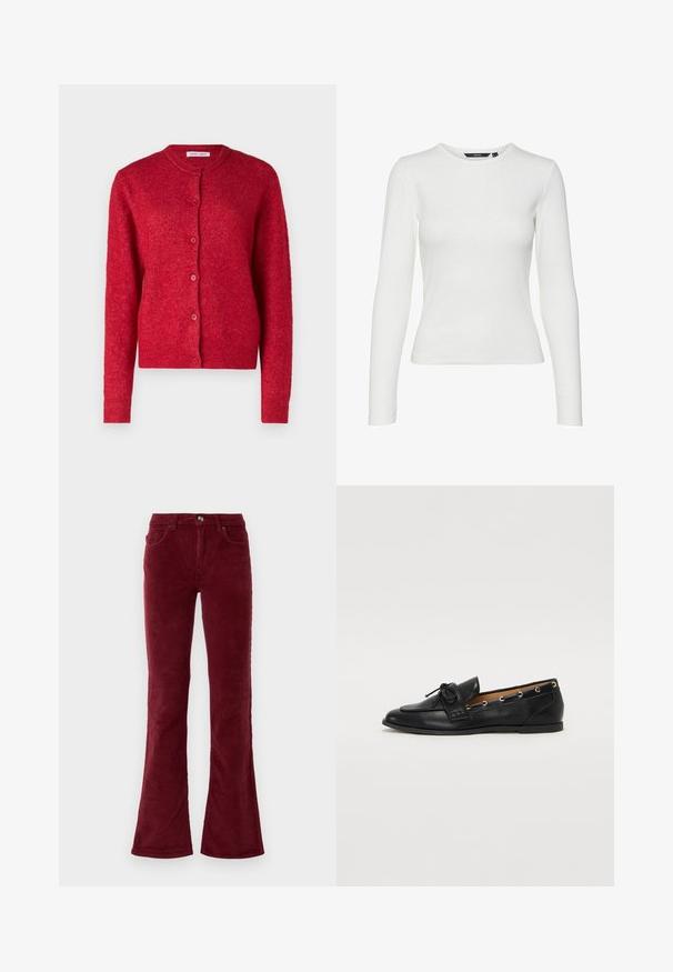 Piros kardigán kerek nyakkivágással, hosszú ujjakkal és gombos záródással. Puha anyagból készült, enyhén texturált felülettel.; Fehér, hosszú ujjú ing, bordás anyagból készült, kerek nyakkivágással és testhez simuló fazonnal. Nincsenek rajta minták vagy díszítések.; Burgundi kordbársony, trapéz szabású nadrág elöl zsebekkel, övbújtatókkal és gombzárral, sima fehér háttér előtt.; Fekete bőr lófarok cipők, megkötött masnival, arany szemcsés díszítéssel az oldalán és lapos gumitalppal. Simaság, klasszikus dizájn.