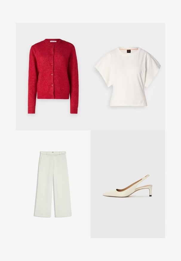 Cardigan rosso con scollatura rotonda, maniche lunghe e chiusura con bottoni. Realizzato in un materiale morbido con una finitura leggermente strutturata.; T-shirt bianca cropped, maniche corte e larghe, tessuto di cotone morbido, scollatura rotonda con bordino arancione sottile, design minimale, senza motivi o grafiche.; Pantaloni a gamba larga in tessuto crema chiaro, dotati di tasche laterali, frontale liscio e chiusura a un bottone in vita. Texture morbida.; Scarpa slingback a punta in pelle bianca sporca, caratterizzata da un tacco basso e un design con ritagli, dal texture liscia e con accenti minimi.