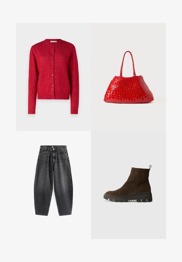 Rdeča kardigan s okroglim izrezom, dolgimi rokavi in zapiranjem na gumb. Narejen iz mehkega materiala z rahlo teksturirano končno obdelavo.; Svetlo modra dolgimi rokavi polo majica z vodoravnimi sivo-belimi črtami in ovratnikom.; Črne kavbojke z visokim pasom in sproščenim krojem, ki vsebujejo pet žepov, zanke za pas in oznako blagovne znamke na pasu.; Rjavi zamšasti gležnjarji z debelim črnim gumijastim podplatom, ki imajo rahlo peto in zanka na hrbtni strani za lažno obuvanje.; Rdeča pletena torbica z sijočo površino, ki ima pletene ročaje. Edinstvena trikotna oblika in teksturirana površina z gostim vzorcem.