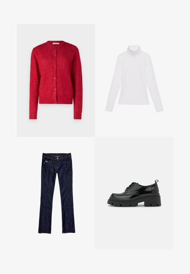 Cárdigan rojo con cuello redondo, mangas largas y cierre de botones. Hecho de un material suave con un acabado ligeramente texturizado.; Top blanco de manga larga y cuello alto, confeccionado en una tela suave y elástica. Presenta un diseño ajustado, sin patrones o adornos visibles.; Jeans de denim azul oscuro con un diseño de pierna recta, que presentan un cierre frontal de botón, cinco bolsillos y costuras visibles a lo largo de las costuras.; Zapatos de charol negros con una suela de plataforma gruesa y cordones gruesos. Punta redondeada, detalles mínimos y una pequeña lengüeta en la parte trasera.