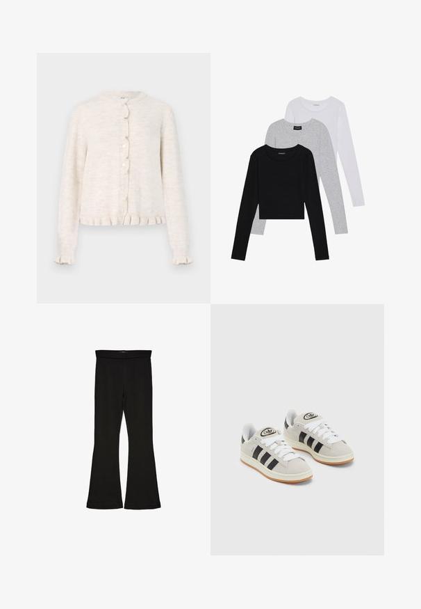 Világos bézs kardigán, kerek nyakkivágással, fodros gombolással és fodros szegéllyel, valamint mandzsettával. Puha, texturált anyagból készült.; Három hosszú ujjú póló egymásra rakva: fekete, szürke és fehér. Mindegyiknek kerek nyaka van, és rövidített fazonnal rendelkezik, sima, könnyű anyagból készült.; Fekete trapéz leggings rugalmas anyagból készült. Széles derékpánttal és sima textúrával rendelkezik, illeszkedő sziluettje van, amely a szegélyen kigyullad.; Szürke velúr sportcipők fehér fűzővel, fekete csíkokkal és fehér gumitalppal. A nyelvén kör alakú logó található, illetve a talpa színes gumi.