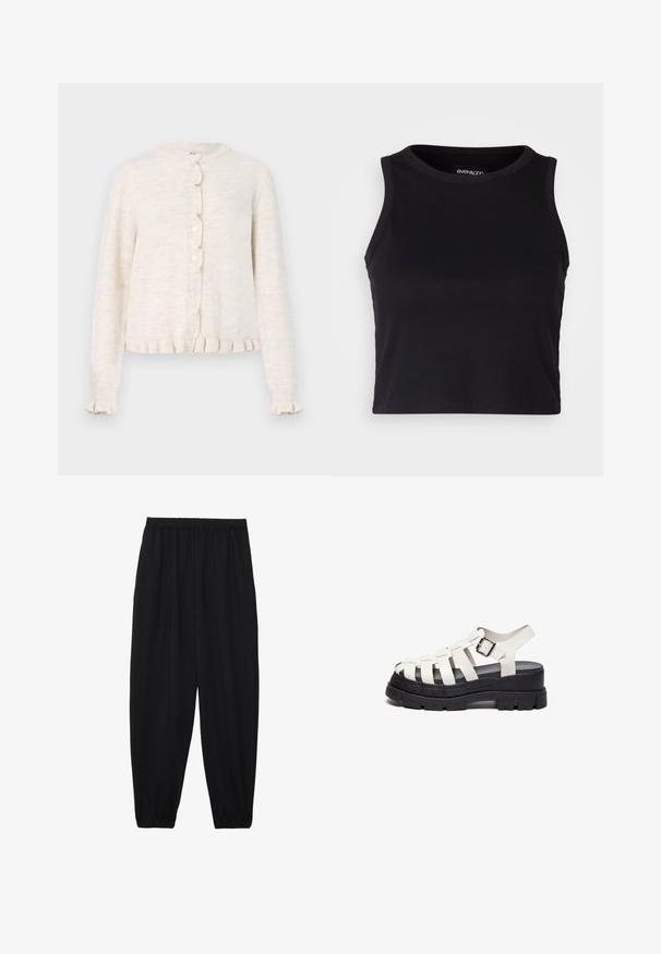 Svetlo bež kardigan z okroglim izrezom, scalloped zapenjanjem in nabranim robom ter manšetami. Izdelan iz mehkega, strukturiranega blaga.; Črn rebrast kratki top z okrogllim izrezom in brezrokavnim dizajnom. Narejen iz mehke, raztegljive tkanine, z urejenimi robom.; Črne, lahke hlače z elastičnim pasom in nabranimi gležnji. Tkanina je gladka in ima sproščen, taperiran dizajn.; Bele sandale z belimi naramnicami in debelim črnim podplatom ter nastavljivim gležnjarjem, ki ima kvadratno kovinsko zaponko. Gladka tekstura in moden dizajn.
