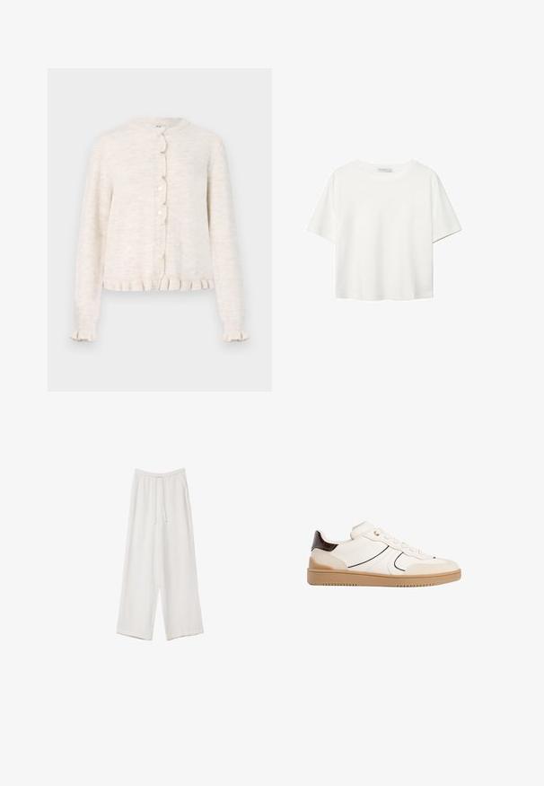 Vaaleanbeige neuletakki, jossa on pyöreä kaula-aukko, kaarroke-napit ja frillasaumat helmassa ja hihansuissa. Valmistettu pehmeästä, teksturoidusta kankaasta.; Valkoinen lyhythihainen T-paita, joka on tehty puuvillasta. Siinä on pyöreä kaula-aukko ja rento malli. Silkkinen pinta ilman näkyviä kuvioita tai koristeita.; Valkoiset leveälahkeiset housut kevyestä kankaasta. Ominaisuuksiin kuuluu elastinen vyötärö, jossa on nauhakuuluma ja sivutaskut. Sileä rakenne.; Stradivarius Matalavartiset tennarit - white