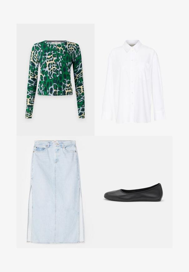 Cardigan con stampa leopardata verde, blu e beige, maniche lunghe, scollo rotondo, sei bottoni sul davanti, design aderente, texture liscia.; Camicia bianca a maniche lunghe con colletto in cotone. Caratterizzata da una chiusura con bottoni e una tasca sul petto singola. Tessuto liscio, vestibilità comoda.; Gonna maxi in denim azzurro chiaro con taglio dritto, dotata di spacchi laterali e design a cinque tasche. Cuciture in evidenza e chiusura con bottone in metallo.; Pantofole da balletto nere in pelle con punta arrotondata, texture liscia, dettagli di cucitura minimi e design con suola flessibile.