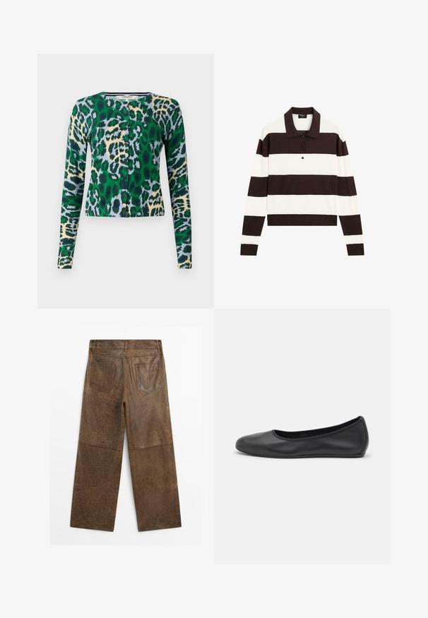 Grøn, blå og beige leopardmønstret cardigan, lange ærmer, rund halsudskæring, seks knapper fortil, tætsiddende design, glat tekstur.; Langærmet polo-shirt med skiftende mørkebrun og hvid vandrette striber, en krave og en knaplukning. Fremstillet af blødt stof.; Brune læder vide bukser med to baglommer og synlig syning, vist fra bagsiden på en hvid baggrund.; Sort læderballetsko med rund tå, glat tekstur, minimal syning og et fleksibelt såldesign.