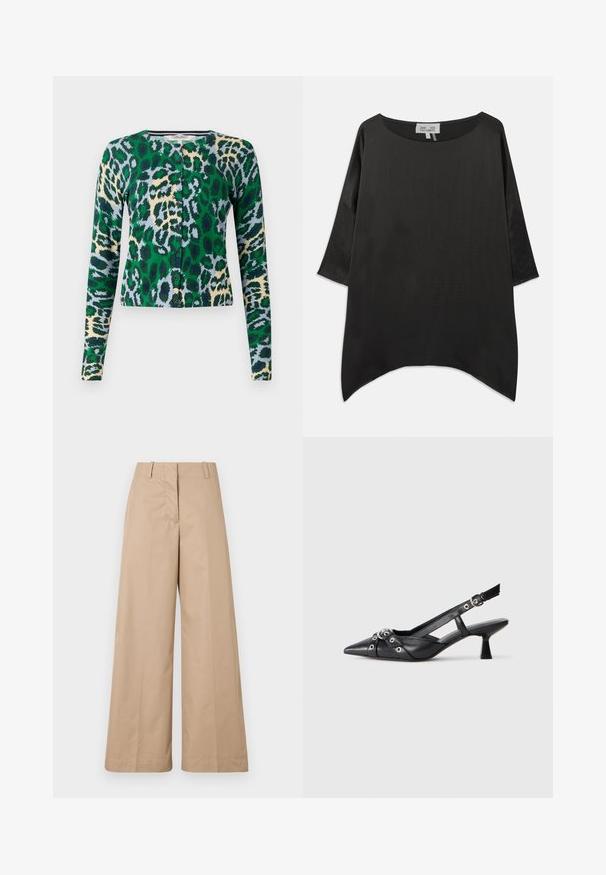 Kardigan w panterkę w kolorach zielonym, niebieskim i beżowym, z długim rękawem, okrągłym dekoltem, sześcioma guzikami z przodu, dopasowany fason, gładka struktura.; Czarna, oversize bluzka z okrągłym dekoltem, rękawami o długości trzy czwarte i zwiewnym, teksturowanym materiałem. Posiada zaokrąglony dół oraz minimalistyczny design.; Beżowe spodnie o szerokich nogawkach z gładkiej bawełny, z dopasowaną talią i płaskim przodem, zaprojektowane z myślą o luźnym kroju i czystych liniach.; Czarne skórzane buty typu slingback z ostrym noskiem, ozdobnymi paskami z metalowymi oczkami oraz niskim klinowym obcasem. Teksturowana powierzchnia.