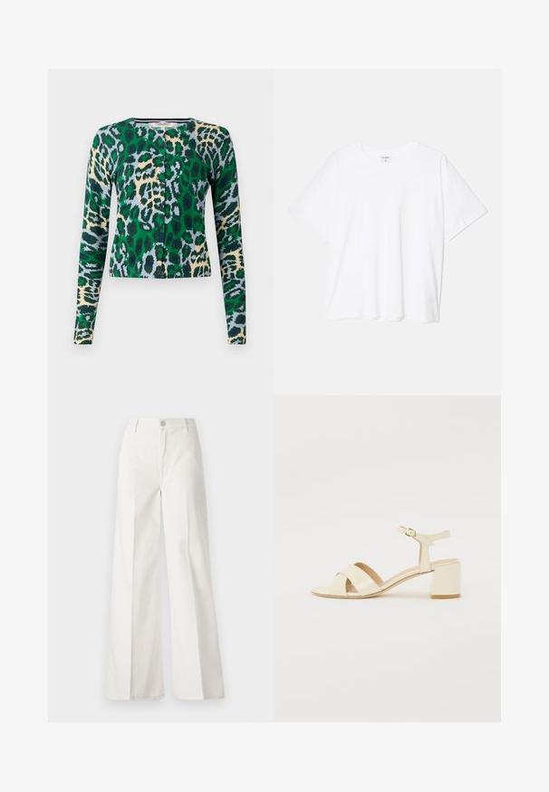 Roheline, sinine ja beež leopardimustriga kardigan, pikad varrukad, ümar kaelus, kuus nööpi ees, kitsas disain, sile tekstuur.; Valge puuvillane T-särk lühikeste varrukatega, ümmargune kaelus, mugav lõige ja õmmeldud serv. Silt nähtav kaela seest.; Valged laiade jalgadega püksid, mis on valmistatud siledast puuvillast. Omab esitallist ning lukuga sulgemist ja nelja tasku disaini.; Beež patentnahast kontsaga sandaalid, millel on risti rihmad, avatud varvas, reguleeritav pahkluu riba ja plokk-konts. Sile tekstuur.
