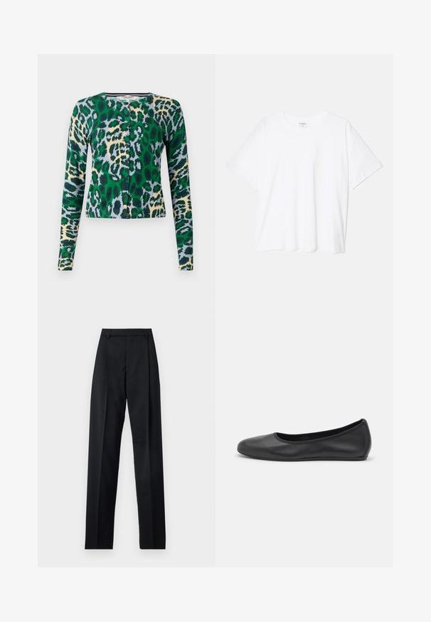 Kardigan w panterkę w kolorach zielonym, niebieskim i beżowym, z długim rękawem, okrągłym dekoltem, sześcioma guzikami z przodu, dopasowany fason, gładka struktura.; Biała bawełniana koszulka z krótkim rękawem, okrągłym dekoltem, luźnym krojem i przeszytym brzegiem. Metka widoczna wewnątrz dekoltu.; Czarne spodnie wykonane z gładkiego materiału, z wysokim stanem, szerokimi nogawkami, fałdami z przodu i klasycznymi szlufkami na pasek. Brak widocznych kieszeni bocznych.; Czarne skórzane baletki z zaokrąglonym noskiem, gładką fakturą, minimalnymi przeszyciami i elastycznym designem podeszwy.
