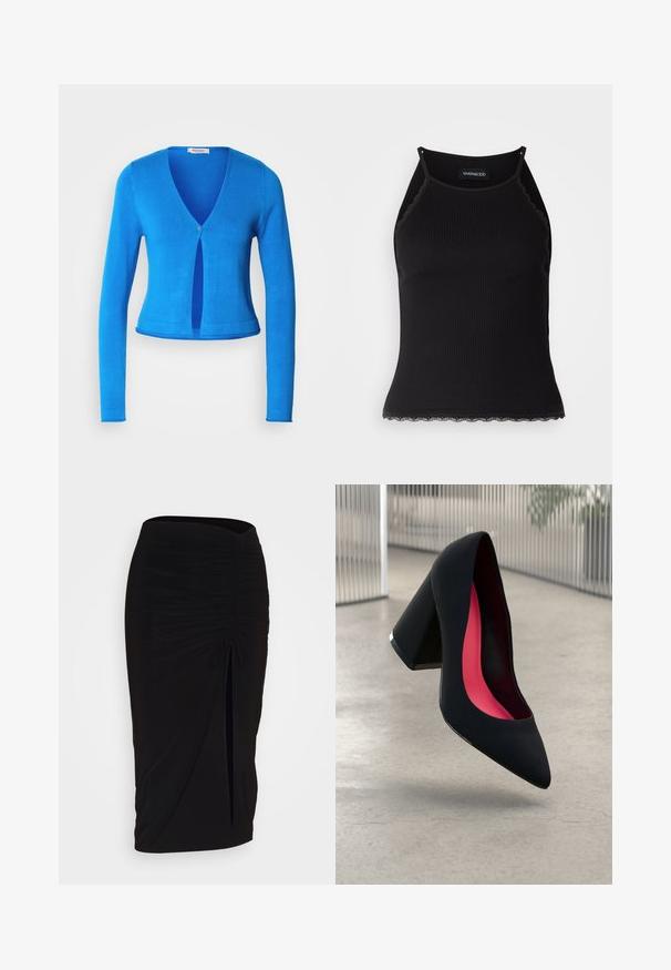 Sinine pika varrukaga kardigan, millel on sügav V-kaelus ja ainus nööp, funktsioonina kitsas disain ja sile, kerge kangas.; Must mustriba top musta servadega äärega. Omab peeneid rihmu ja istuvat disaini. Valmistatud venivast kangast.; Mustast, rikutud pliiatsiseelik sidumisdetailiga ja küljes lahtise lõhenemisega. Valmistatud venivast kangast, millel on sile tekstuur ja keha lähedane lõige.; Mustad must kõrged kontsad, terava ninaga, tekstuurse pinnaga ning erksa roosa sisemusega. Omab paksu kontsa koos hõbedase aktsendiga.