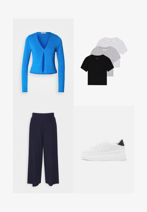 Kék, hosszú ujjú kardigán mély V-nyakkal és egyetlen gombos záródással, illeszkedő fazonban és sima, könnyű anyagból készült.; Három rövidujjú póló készlet fekete, szürke és fehér színben. Pamutból készült, kerek nyakú, egyszerű, egyszínű dizájnnal.; Sötét kék anyagból készült, széles lábú nadrág, bordás textúrával. Simább derékrésszel és laza szabással rendelkezik, a vádli közepéig ér.; Fehér platform sportcipők sima szintetikus anyagból, lekerekített orral, fűzős kialakítással és texturált gumitalppal. Fekete sarokdísz.