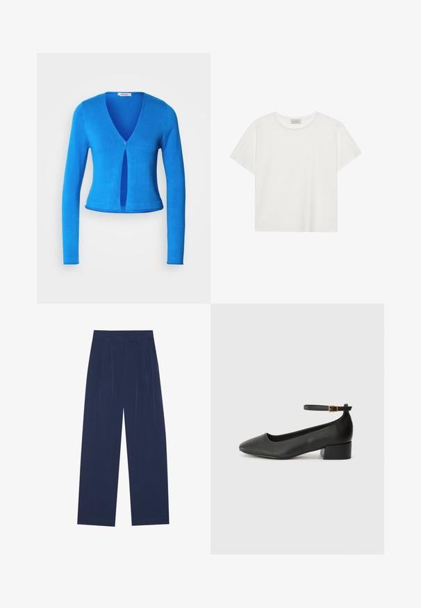 Blå langermet cardigan med dyp V-hals og en enkelt knapper, som har en tettsittende design og glatt, lett stoff.; Hvit T-skjorte med kort erm laget av myk bomull. Har rund hals og avslappet passform. Rent design uten synlige mønstre eller aksenter.; Marineblå bukser med vide ben laget av mykt stoff, med frontfolder, en glatt tekstur og en rett passform uten synlige lommer.; Sorte skinnpumper med spiss tå og lav blokkhelt. Har ankelrem med gullfarget spenne. Glatt tekstur.