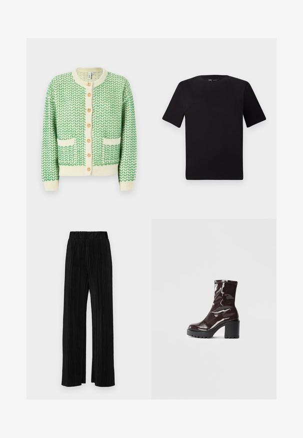 YAS YASGEA - Neuletakki - birch/medium green; Musta lyhythihainen t-paita pyöreällä kaula-aukolla, valmistettu pehmeästä puuvillakankaasta. Yksinkertainen malli, ei näkyviä logoja tai kuvioita.; Mustat pleatatut housut, joissa on joustava vyötärö. Ominaisuuksiin kuuluvat leveät lahkeet ja sileä, teksturoitu kangas, jossa on pystysuoria raitoja.; Satea bordeaux berwarna mengkilap dengan tumit hitam tebal, menampilkan tekstur halus dan desain sederhana. Tanpa pengikat atau pola yang terlihat.