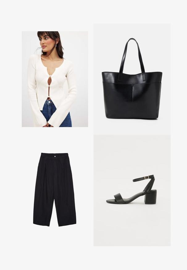 Valkoinen ribbipullovilla, jossa on syvä V-kaula-aukko, nappikoristelu ja levenevät hihat; yhdistettynä sinisiin farkkuihin.; Valkoinen hihaton paita, jossa on pyöreä kaula-aukko. Valmistettu sileästä kankaasta, siinä on rento istuvuus ja minimalistinen muotoilu. Ei kuvioita tai koristeita.; Musta polyesterinen culotte-housut, jossa on joustava vyötärö, kaksi etupleettiä ja löysä siluetti. Ei näkyviä kuvioita tai metallisia yksityiskohtia.; Mustat korkokenkä-sandaalit, joissa on sileä nahkapinta, avoin varvas, leveät etuvarteen strapit ja säädettävä nilkkastrap, jossa on kultainen solkiyksityiskohta.; Musta nahkainen kassi, jossa on kaksi pitkää kahvaa, sileä pinta ja jämäkkä muoto. Sisältää etutaskun lisävarastointia varten.