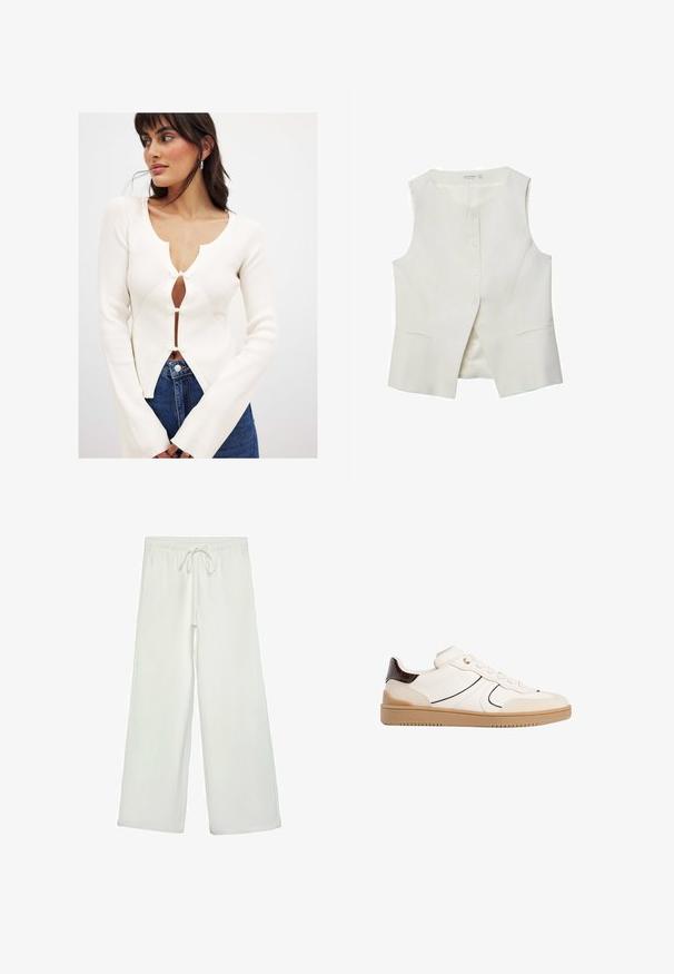Rippiger weißer Pullover mit tiefem V-Ausschnitt, Knopfdetails und ausgestellten Ärmeln; kombiniert mit blauen Jeans.; Weißes ärmelloses Oberteil mit rundem Halsausschnitt, vorderer Knopfleiste und zwei Seitentaschen. Glatte Textur und maßgeschneiderter Schnitt.; Weißes Langarm-T-Shirt aus geripptem Stoff mit Rundhalsausschnitt und geradem Saum. Schlichtes, einfarbiges Design.; Weiße, weit geschnittene Hose aus weichem Stoff. Mit einem elastischen Bund und einem Kordelzug sowie einer glatten Oberfläche. Keine sichtbaren Muster oder Hardware.; Stradivarius Sneaker low - white
